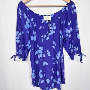 Yumi Kim Silk Floral Peasant Blouse Size‎ S Jewel Tone Blue Tie Sleeve Top Boho